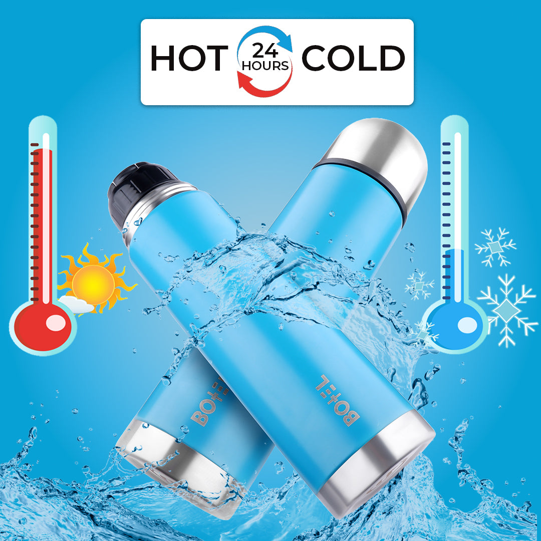 Thermo Tough Double Wall Steel Water Bottle Hot or Cold for 24 Hours Flask Teal Blue 1000 ML