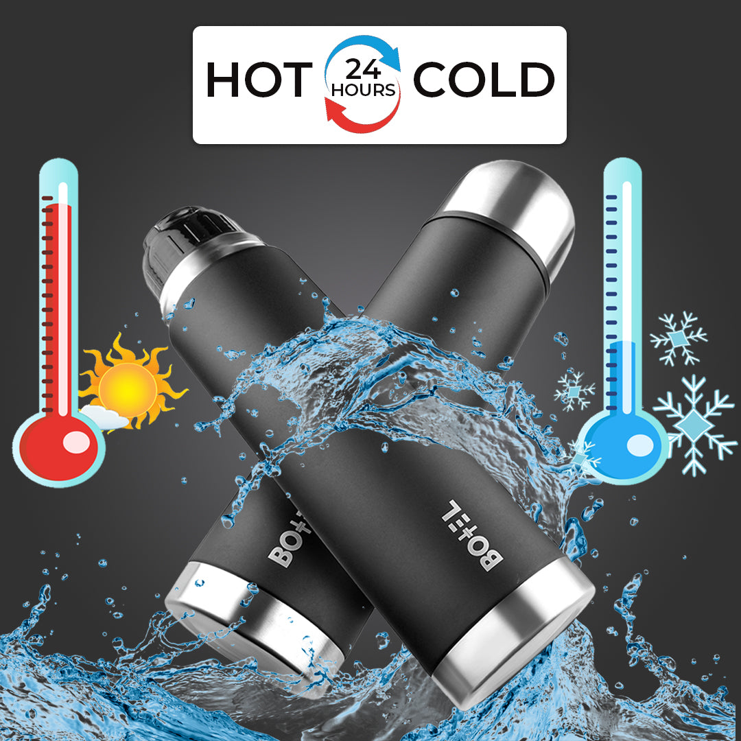 Thermo Tough Double Wall Steel Water Bottle Hot or Cold for 24 Hours Flask Pearl Black 1000 ML