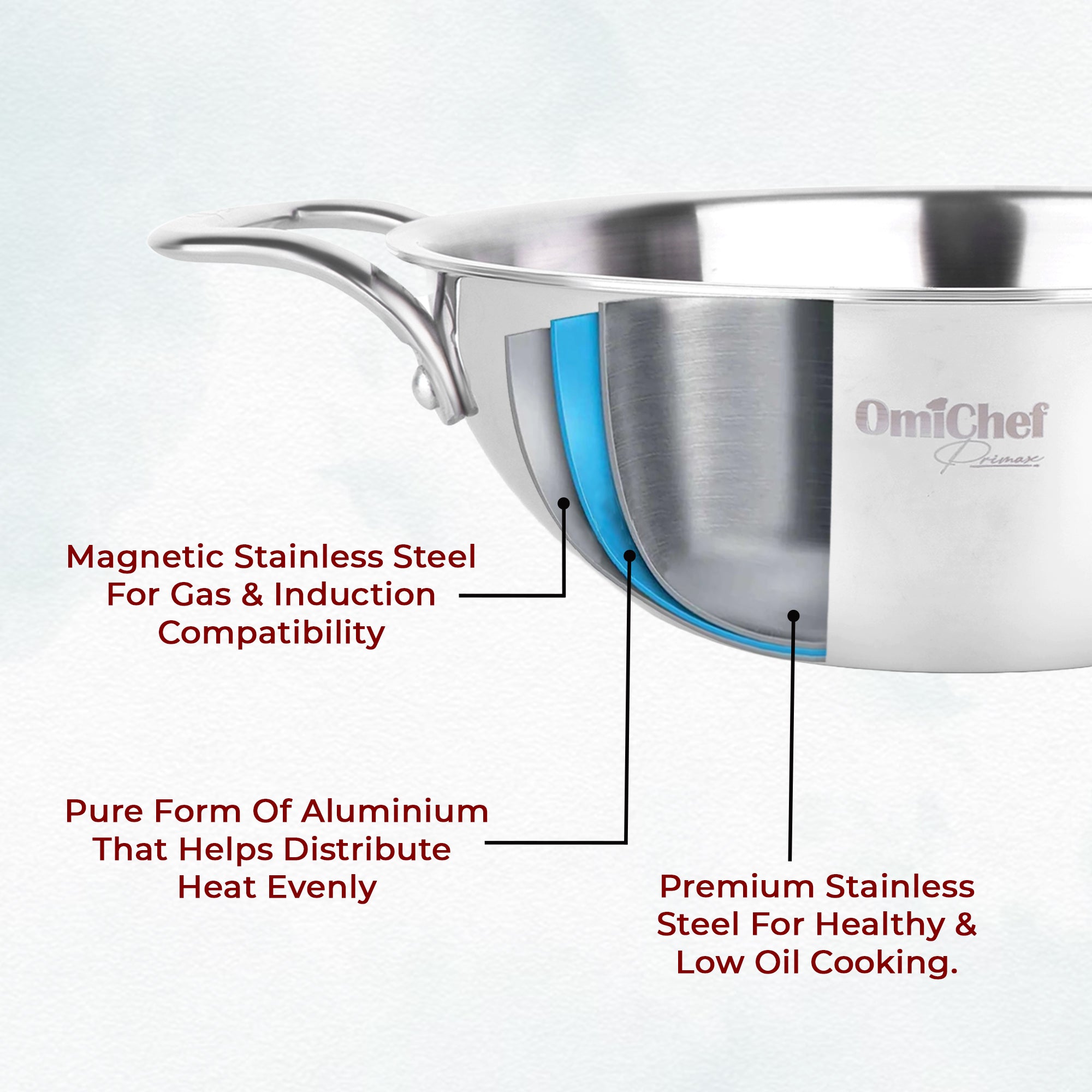 Omichef Triply Stainless Steel Kadhai 22 CM Capacity 2 Litre