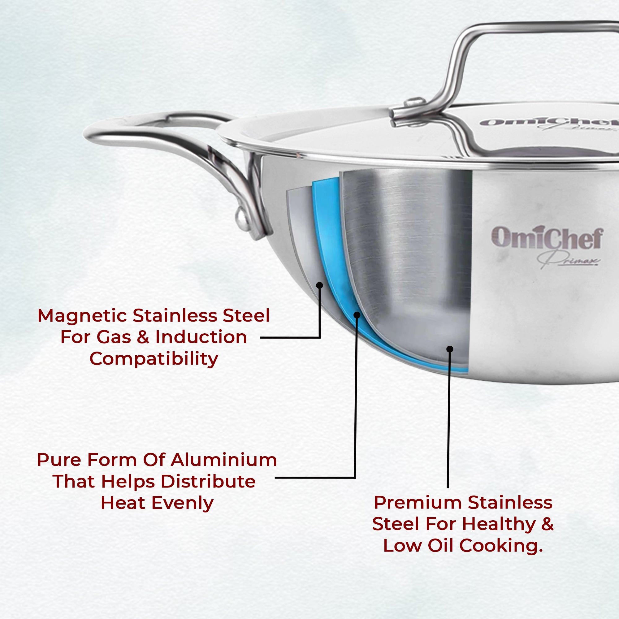 Omichef Triply Stainless Steel Kadhai With Lid 20 cm Capacity 1.7 Litre