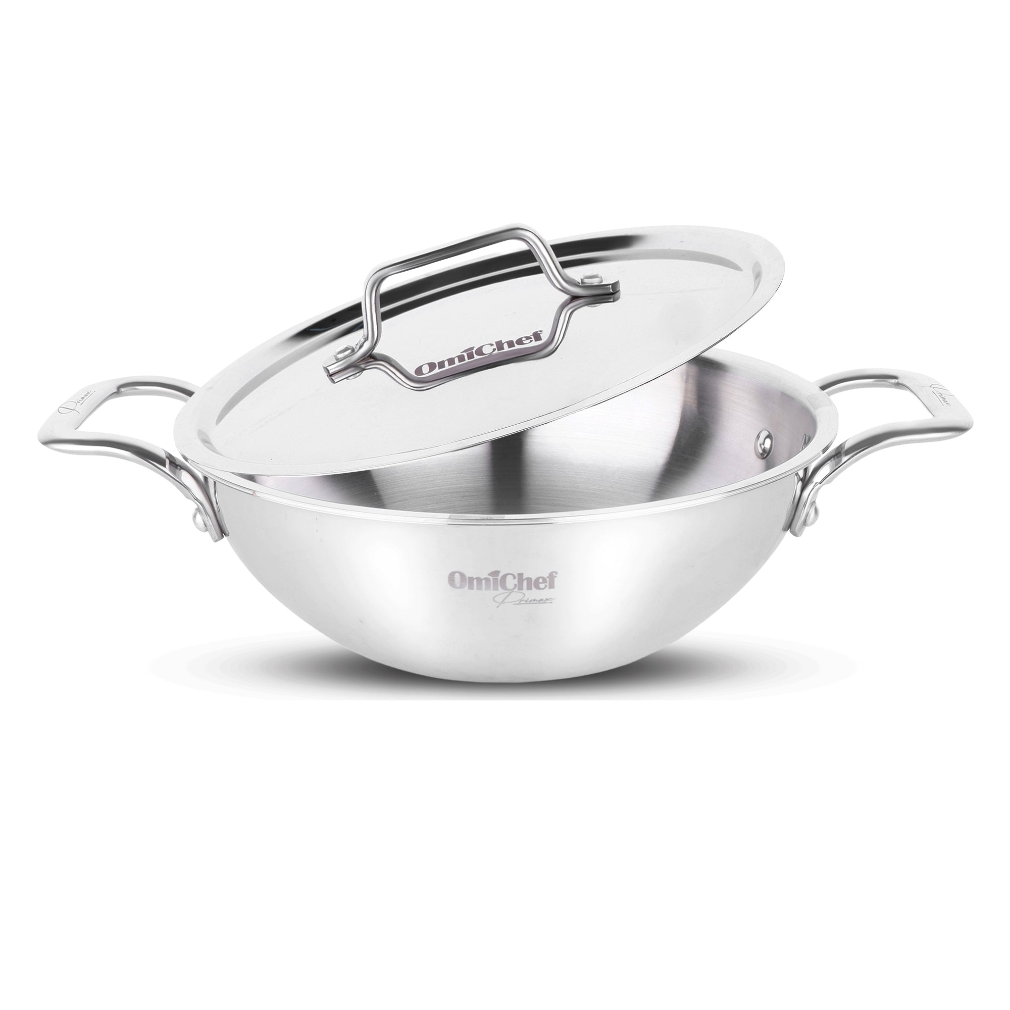 Omichef Triply Stainless Steel Kadhai With Lid 22 cm Capacity 2 Litre
