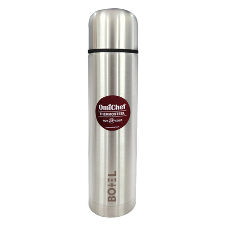 Omichef Silver Thermo Tough Double wall Steel Water bottle Hot & Cold for 24 hours Flask