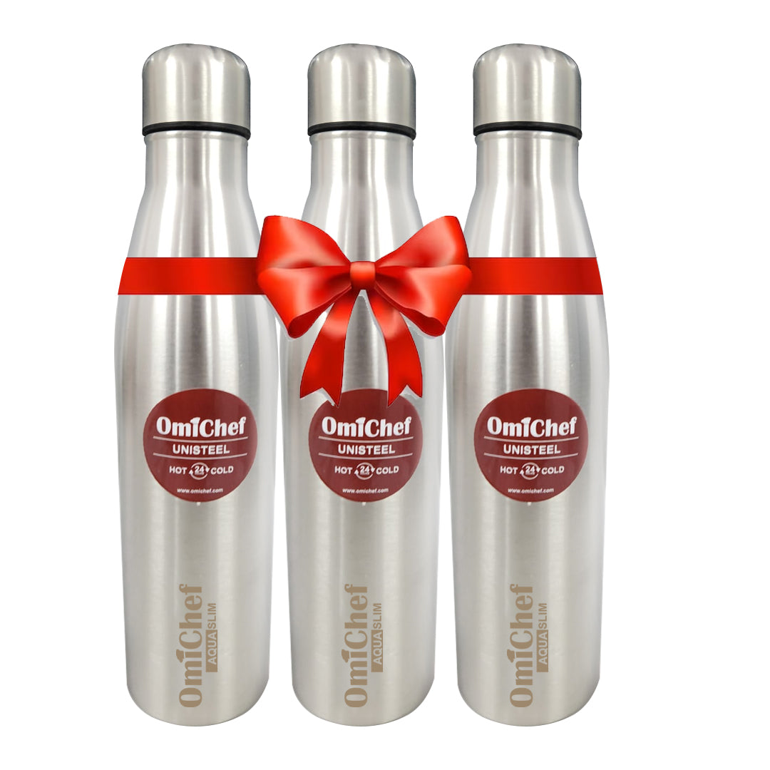 Omichef AquaSlim Unisteel Fridge Water Bottle Pack of 3 | Single wall | Best for Office/Home/Schools/Gym/Sports | Capacity 1000 ml