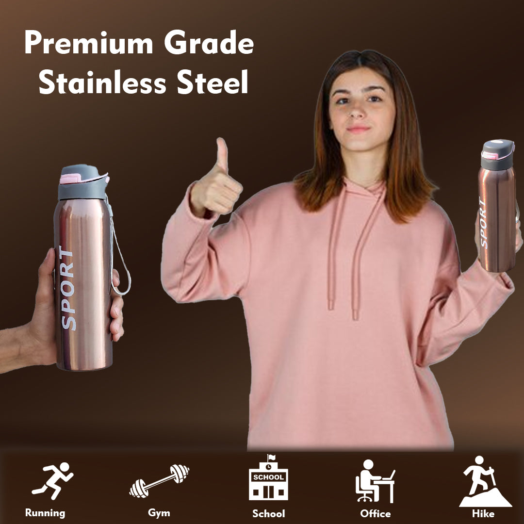 Sports Stainless Steel Water Bottle | With Straw | Glossy | 500 ML