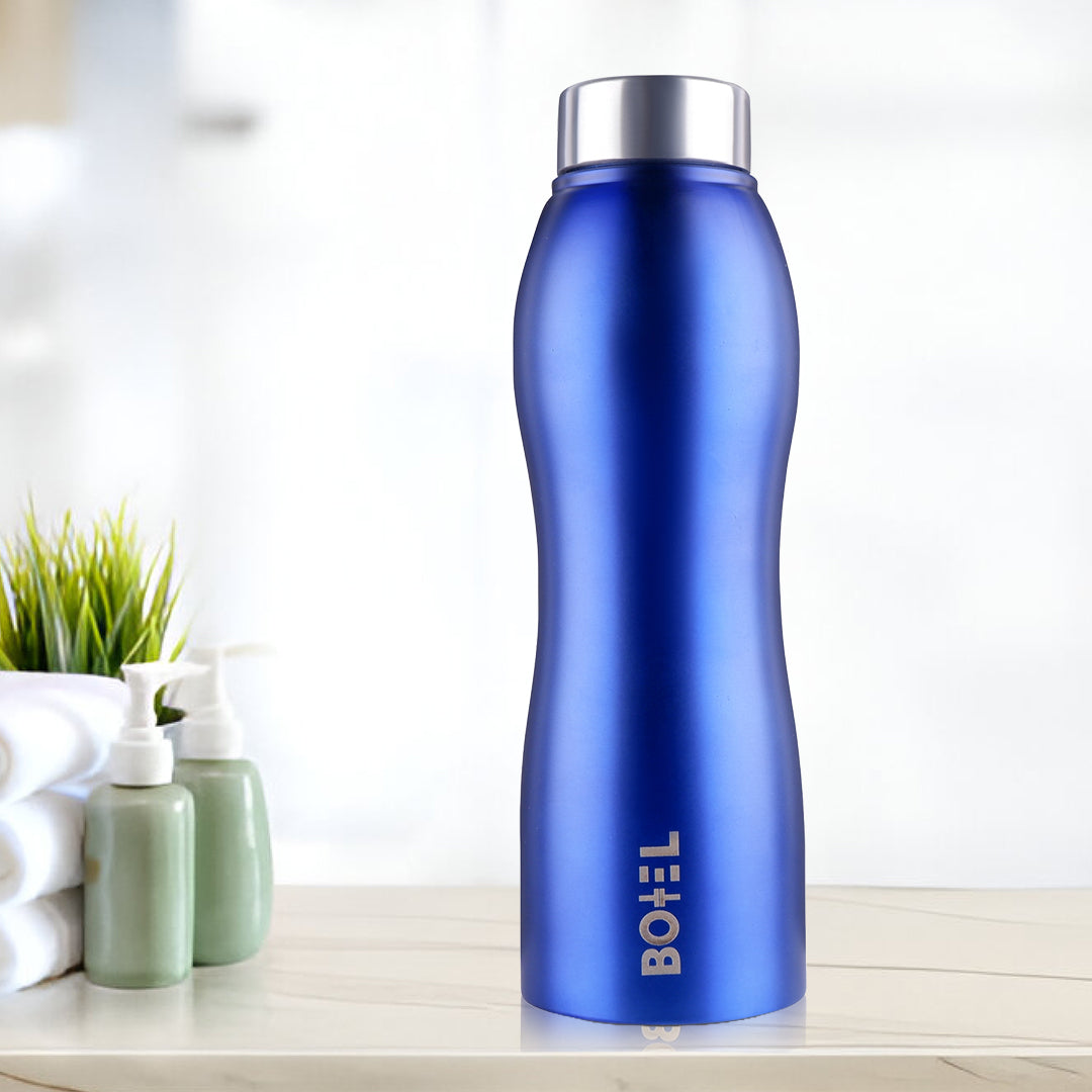 Curvy Stainless Steel Water Bottle | Single Wall | Blue | 1 Litre