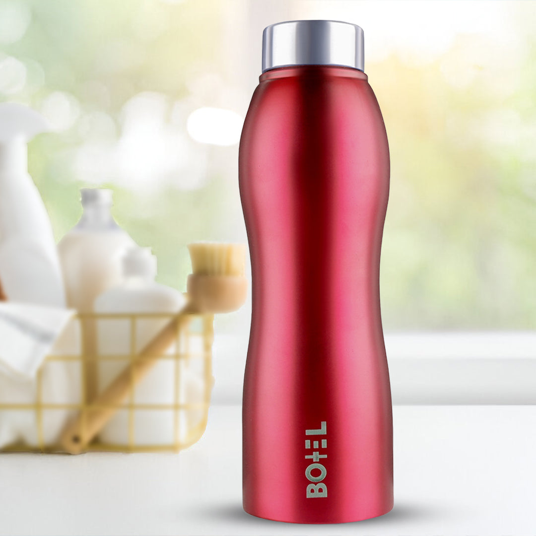 Curvy Stainless Steel Water Bottle | Single Wall | Red | 1 Litre