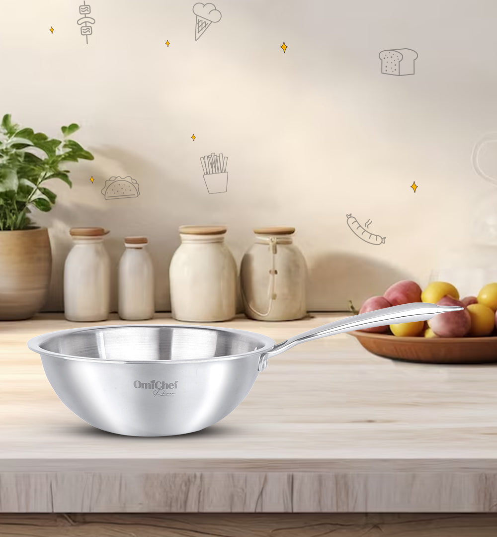 Omichef Triply Stainless Steel Wok 22 CM Capacity 2 Litre