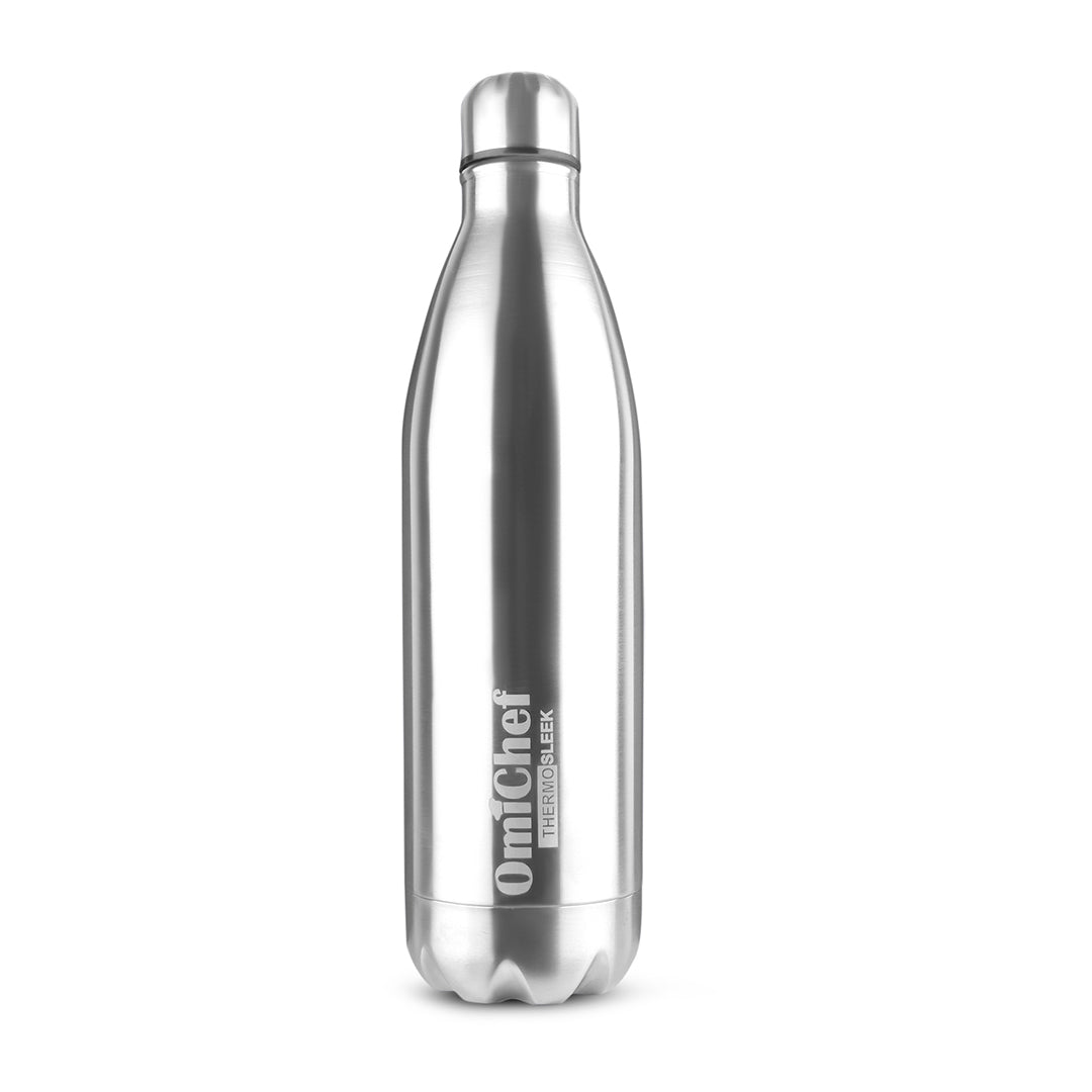 Omichef Silver Thermo Sleek Double wall Steel Water bottle Hot & Cold for 24 hours Flask