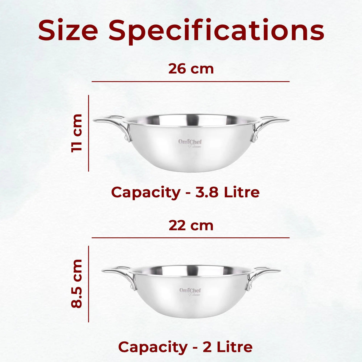 Triply Stainless Steel Kadhai Set Of 2 Pcs | 20 & 24 CM | Capacity 1.7 & 2.8 Litre OmiChef