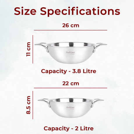 Triply Stainless Steel Kadhai Set Of 2 Pcs | 20 & 24 CM | Capacity 1.7 & 2.8 Litre