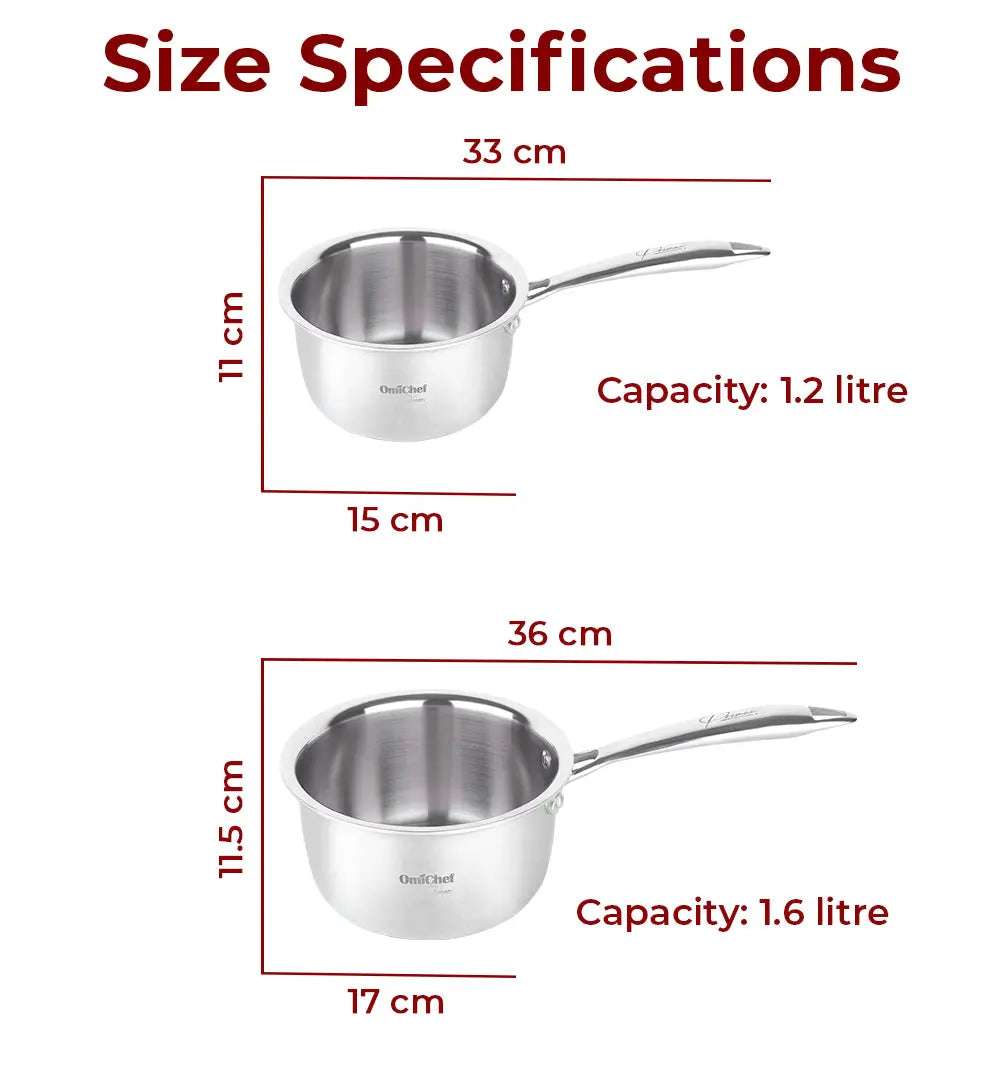 Triply Saucepan Set Of 2 Pcs | Diameter 14, 16 CM | Capacity 1.2, 1.6 Litre OmiChef