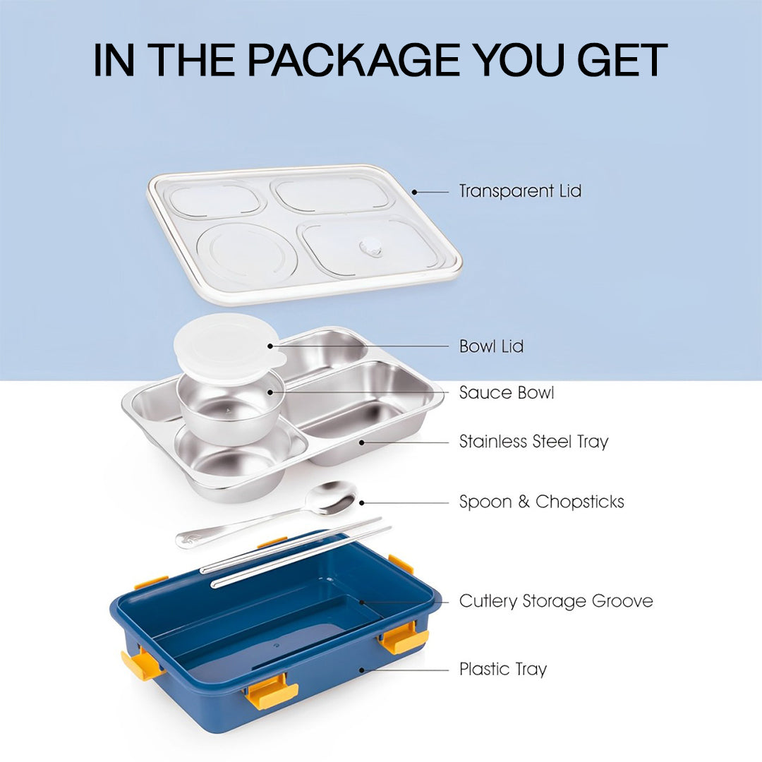 Ultimate 4-Compartment Stainless Steel Lunch Box Set: Leak-Proof with Bowl, Spoon, Chopsticks, and Tray