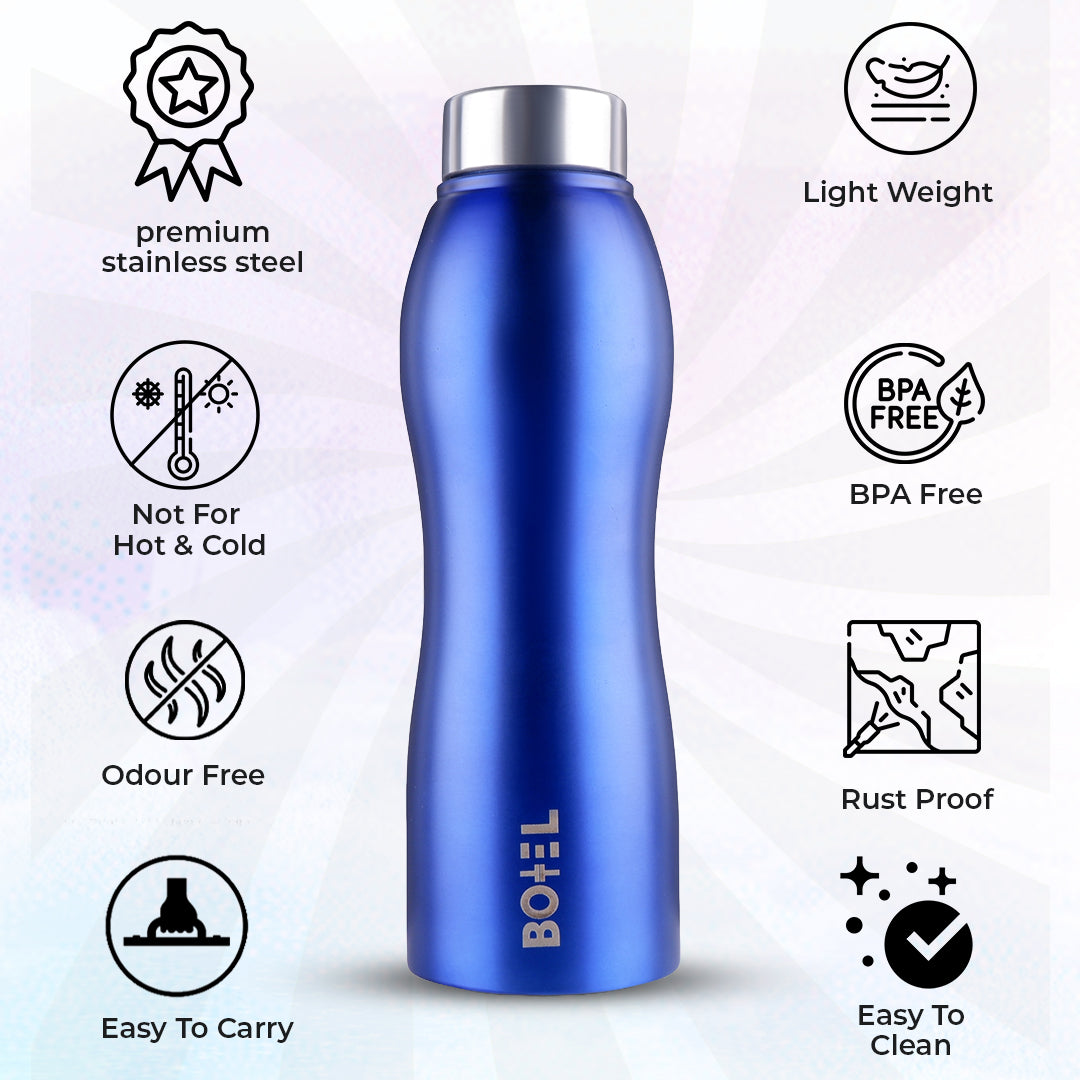 BoTTel Curvy Stainless Steel Water Bottle Single Wall in Blue Colour 1 Litre