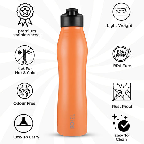 Vergo Stainless Steel Sports Water Bottle | Single Wall | 1 Litre | Pack Of 6