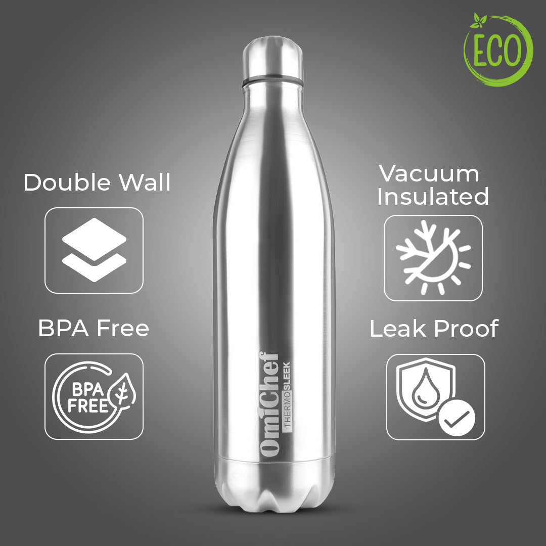 Omichef Silver Thermo Sleek Double wall Steel Water bottle Hot & Cold for 24 hours Flask