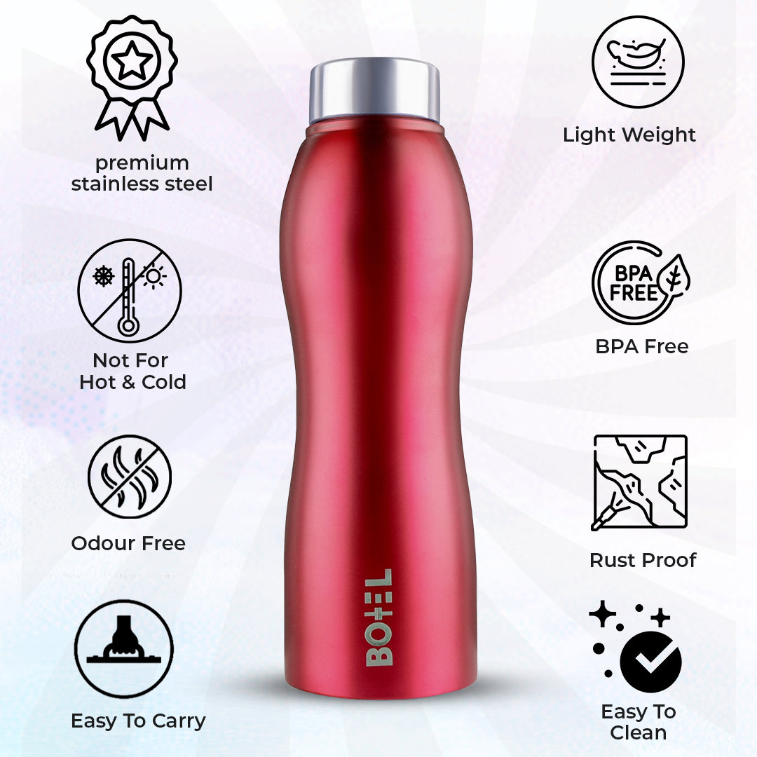 BoTTel Red Curvy Stainless Steel Water Bottle Single Wall 1 Litre