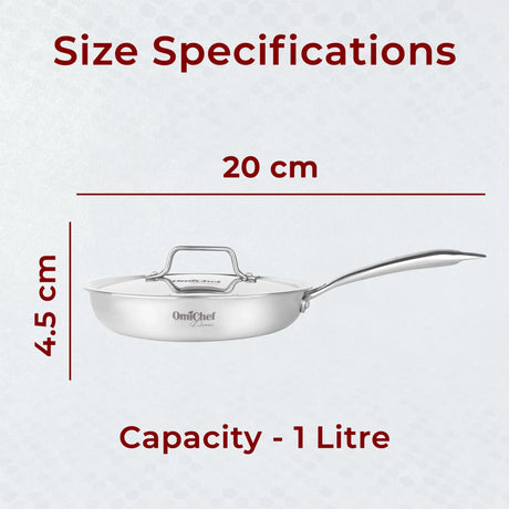 Omichef Triply Stainless Steel Frypan with Lid 20 cm Capacity 1 Litre