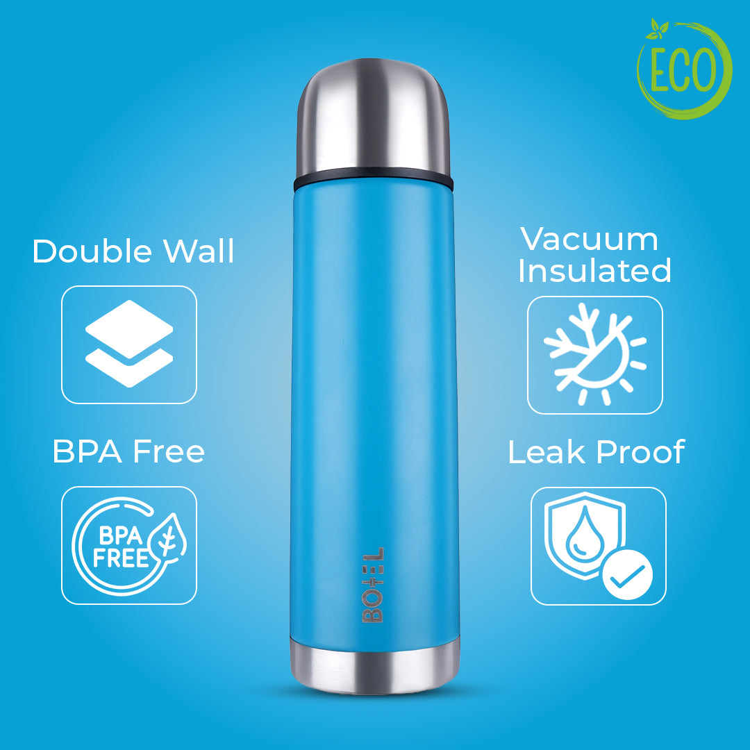 Thermo Tough Double Wall Steel Water Bottle Hot or Cold for 24 Hours Flask Teal Blue 1000 ML