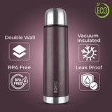 Thermo Tough Double Wall Steel Water Bottle Hot or Cold for 24 Hours Flask Cola Brown 1000 ML