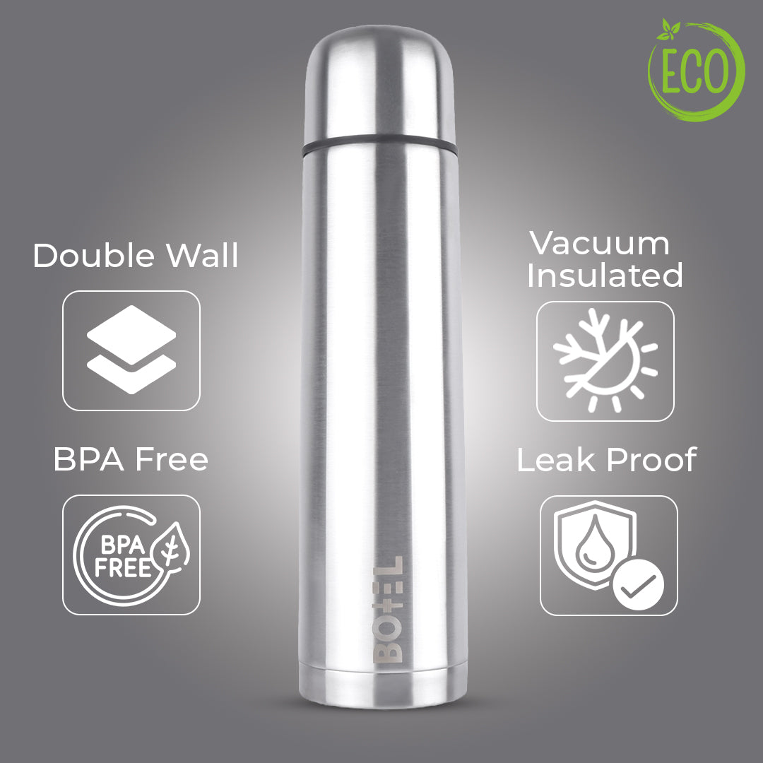 Omichef Silver Thermo Tough Double wall Steel Water bottle Hot & Cold for 24 hours Flask