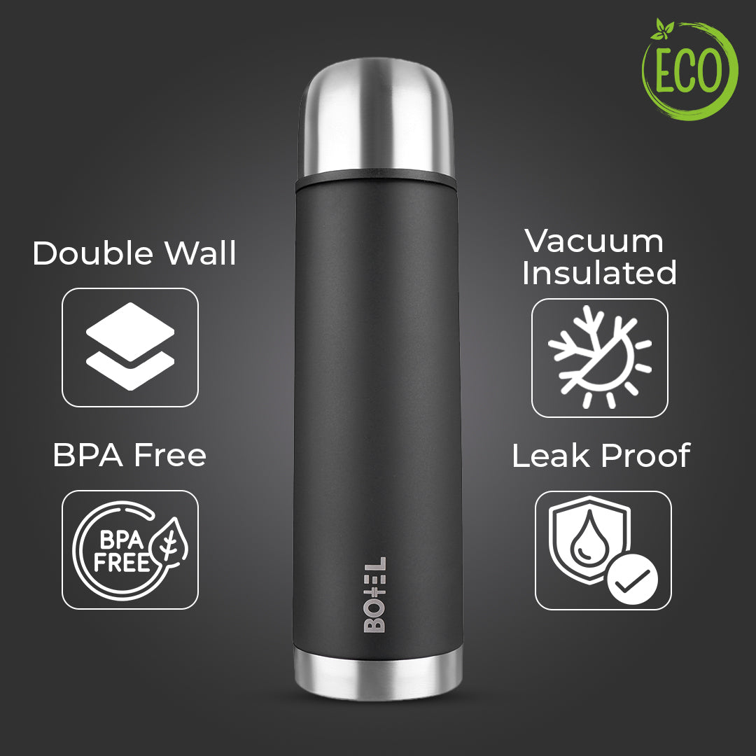 Thermo Tough Double Wall Steel Water Bottle Hot or Cold for 24 Hours Flask Pearl Black 1000 ML