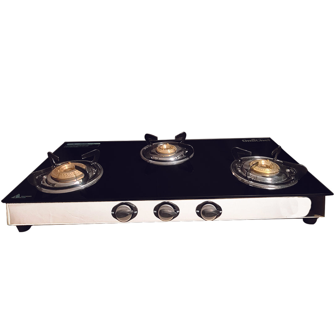 Omichef 3 Burner Toughened Glass Top SS Body | Mega Gas Stove