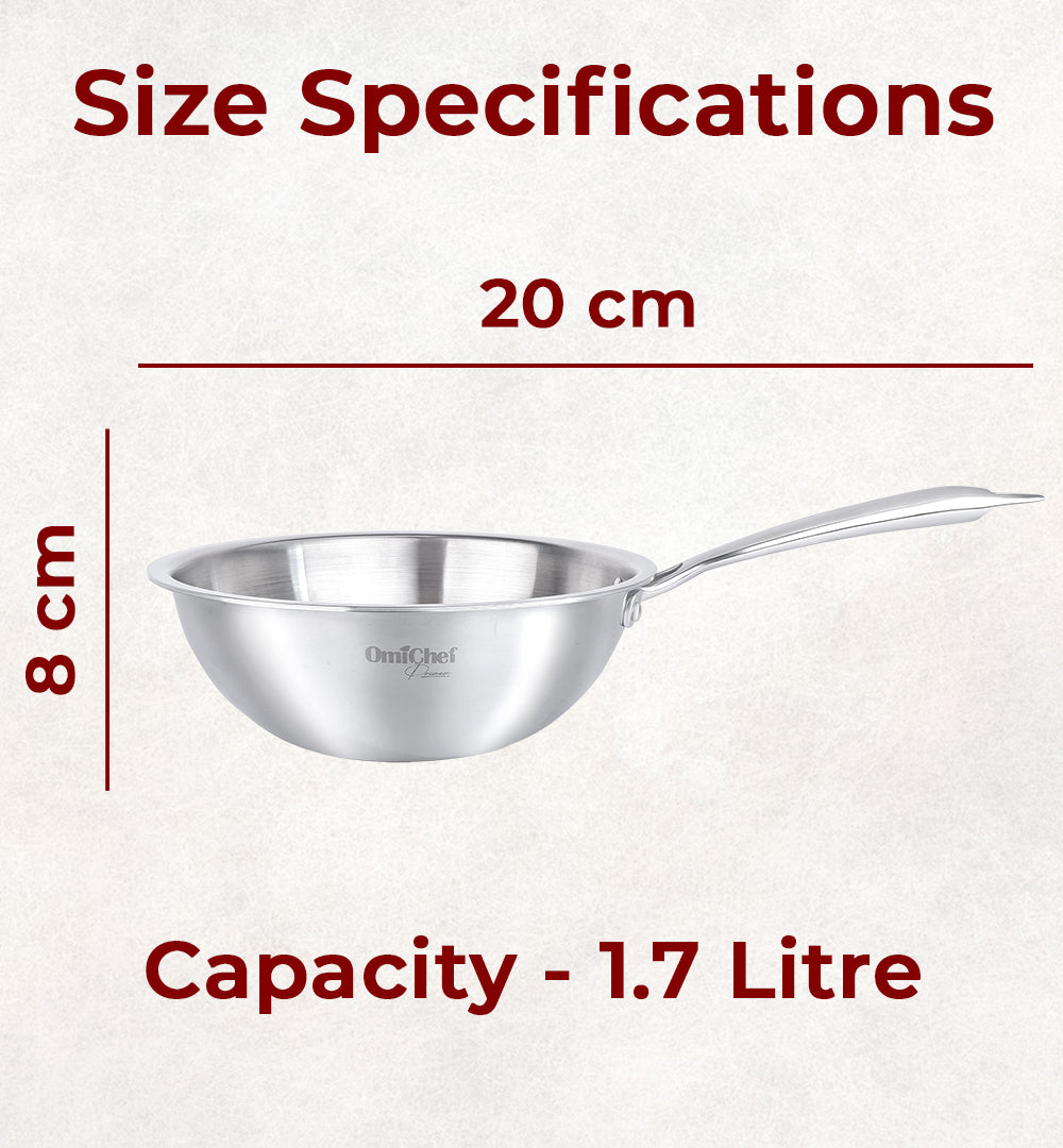 Omichef Triply Stainless Steel Wok 20 CM Capacity 1.7 Litre