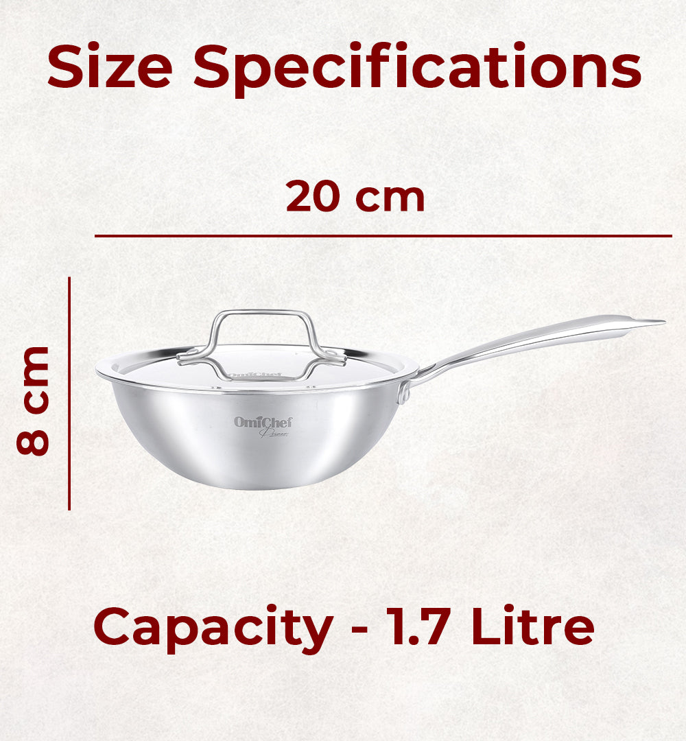 Omichef Triply Stainless Steel Wok With Lid 20 CM Capacity 1.7 Litre