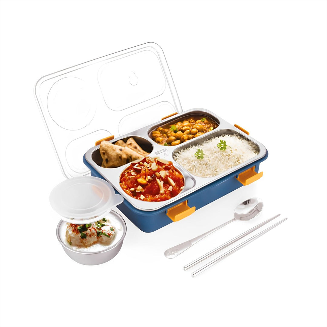 Ultimate 4-Compartment Stainless Steel Lunch Box Set: Leak-Proof with Bowl, Spoon, Chopsticks, and Tray