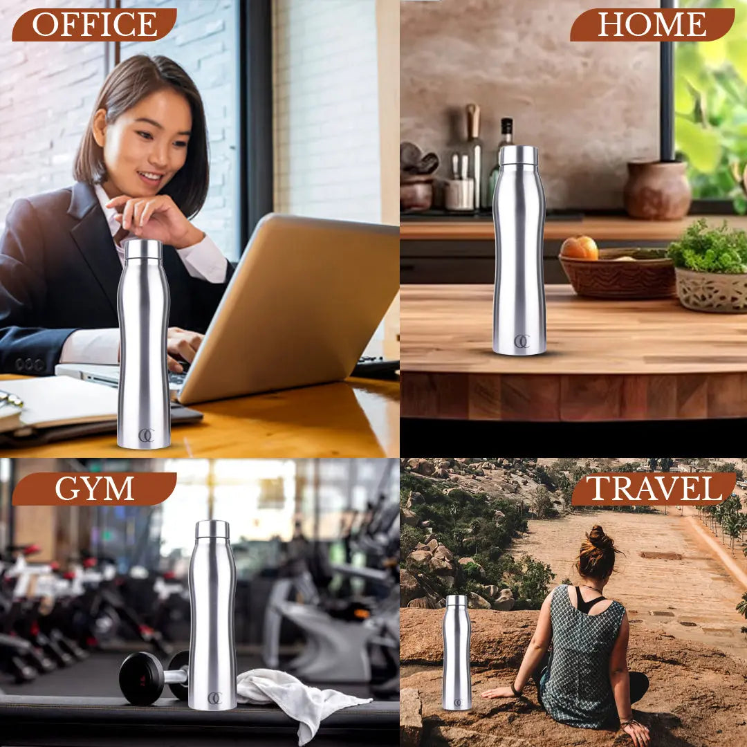 Curvy Stainless Steel Fridge Water Bottle | Silver | Capacity 1 Litre OmiChef