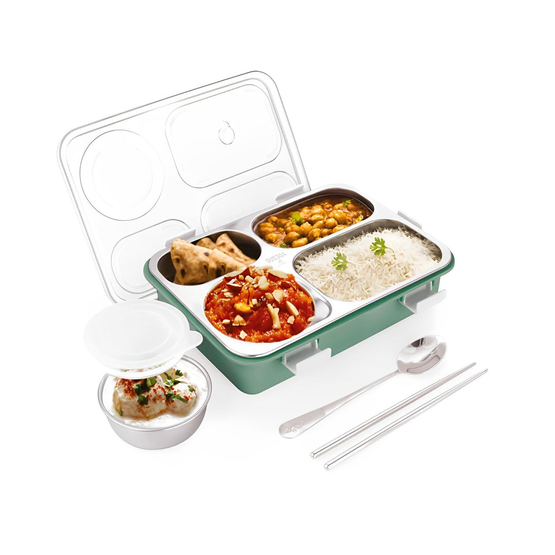 Ultimate 4-Compartment Stainless Steel Lunch Box Set: Leak-Proof with Bowl, Spoon, Chopsticks, and Tray