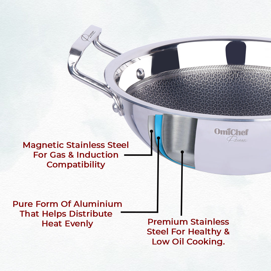 Omichef Triply Honey Comb Kadhai | Superior Heat Retention | Kadhai 20 cm diameter with Lid 1.7 L capacity | Stainless Steel, Induction Bottom