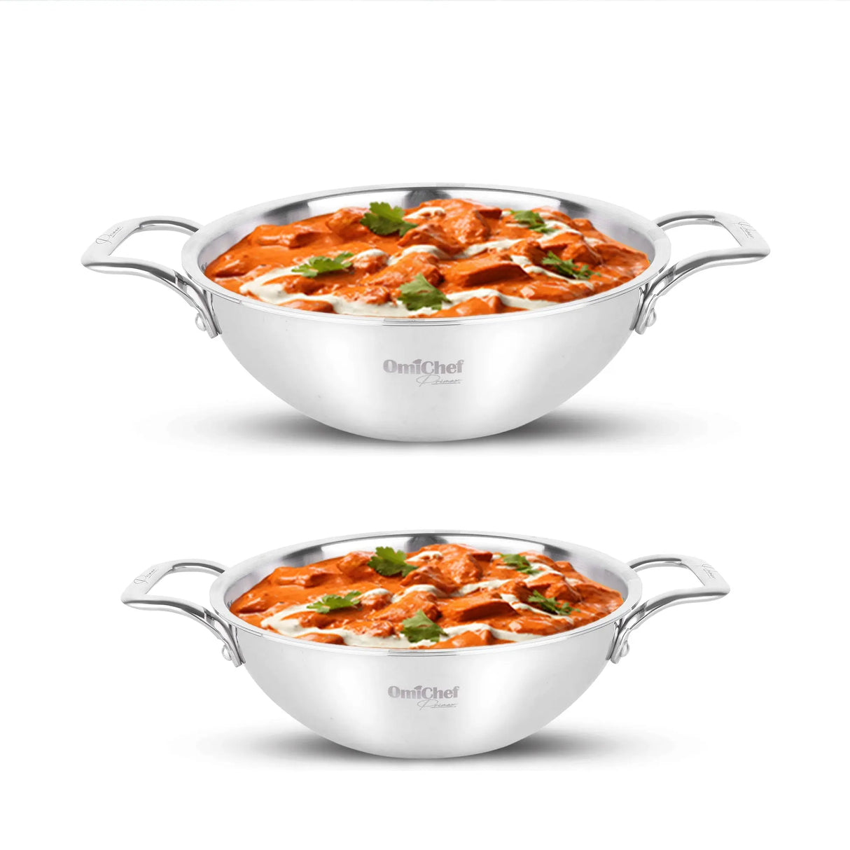 Triply Stainless Steel Kadhai Set Of 2 Pcs | 20 & 24 CM | Capacity 1.7 & 2.8 Litre OmiChef