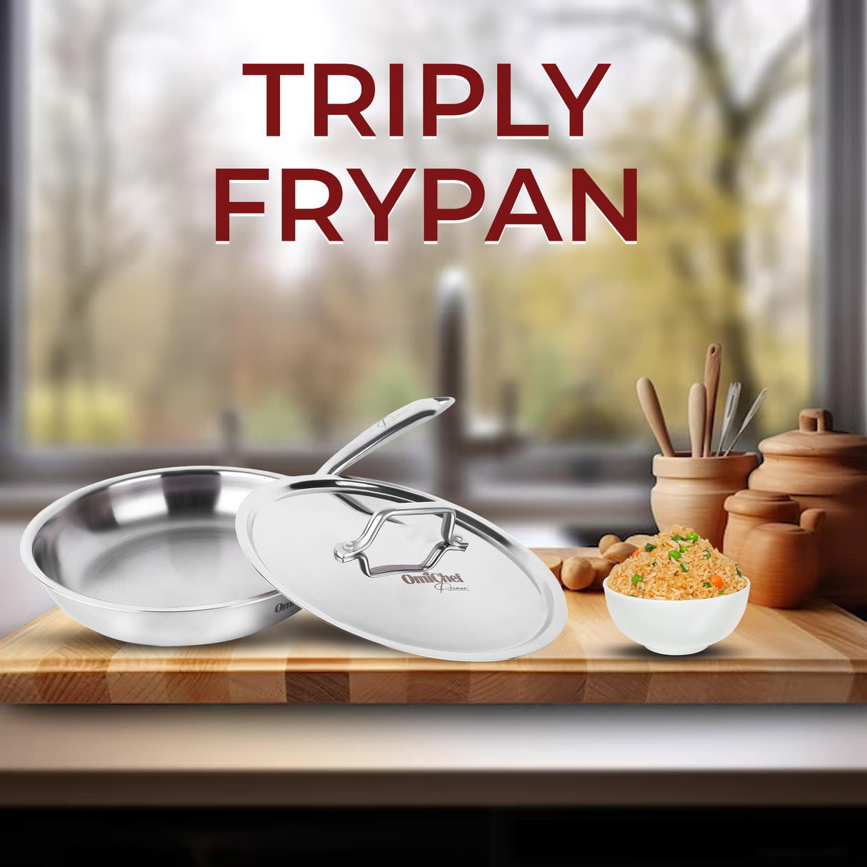 Omichef Triply Stainless Steel Frypan with Lid 20 cm Capacity 1 Litre