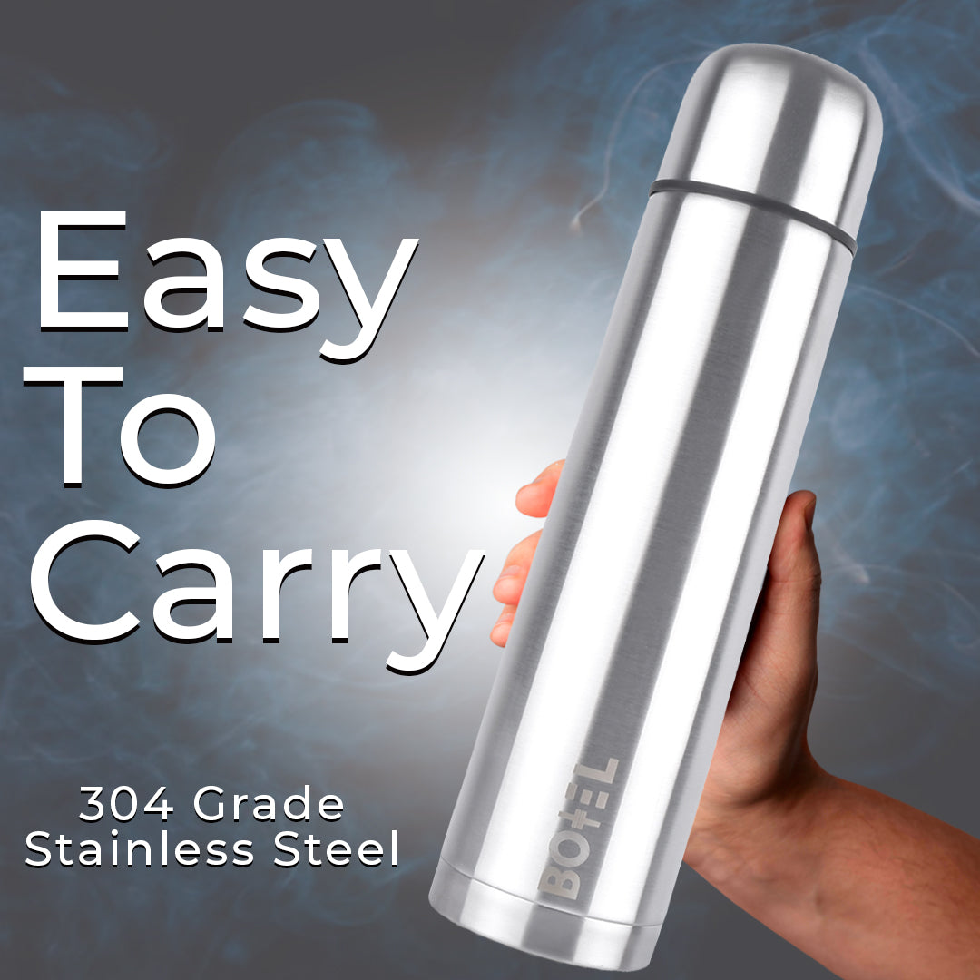 Omichef Silver Thermo Tough Double wall Steel Water bottle Hot & Cold for 24 hours Flask