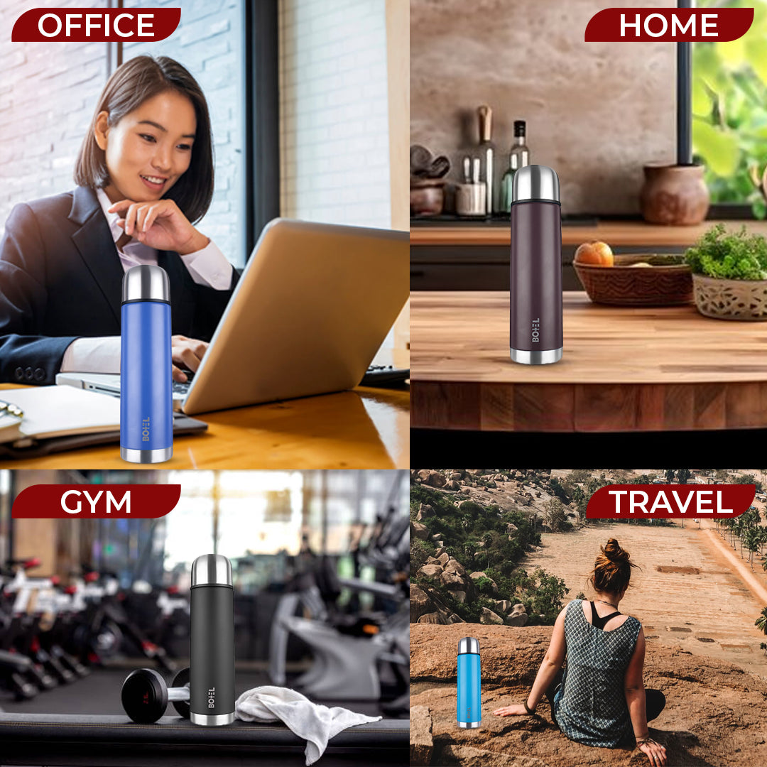 Thermo Tough Double Wall Steel Water Bottle Hot or Cold for 24 Hours Flask Royal Blue 1000 ML