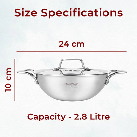 Triply Stainless Steel Kadhai With Lid 24 CM | Capacity 2.8 Litre OmiChef