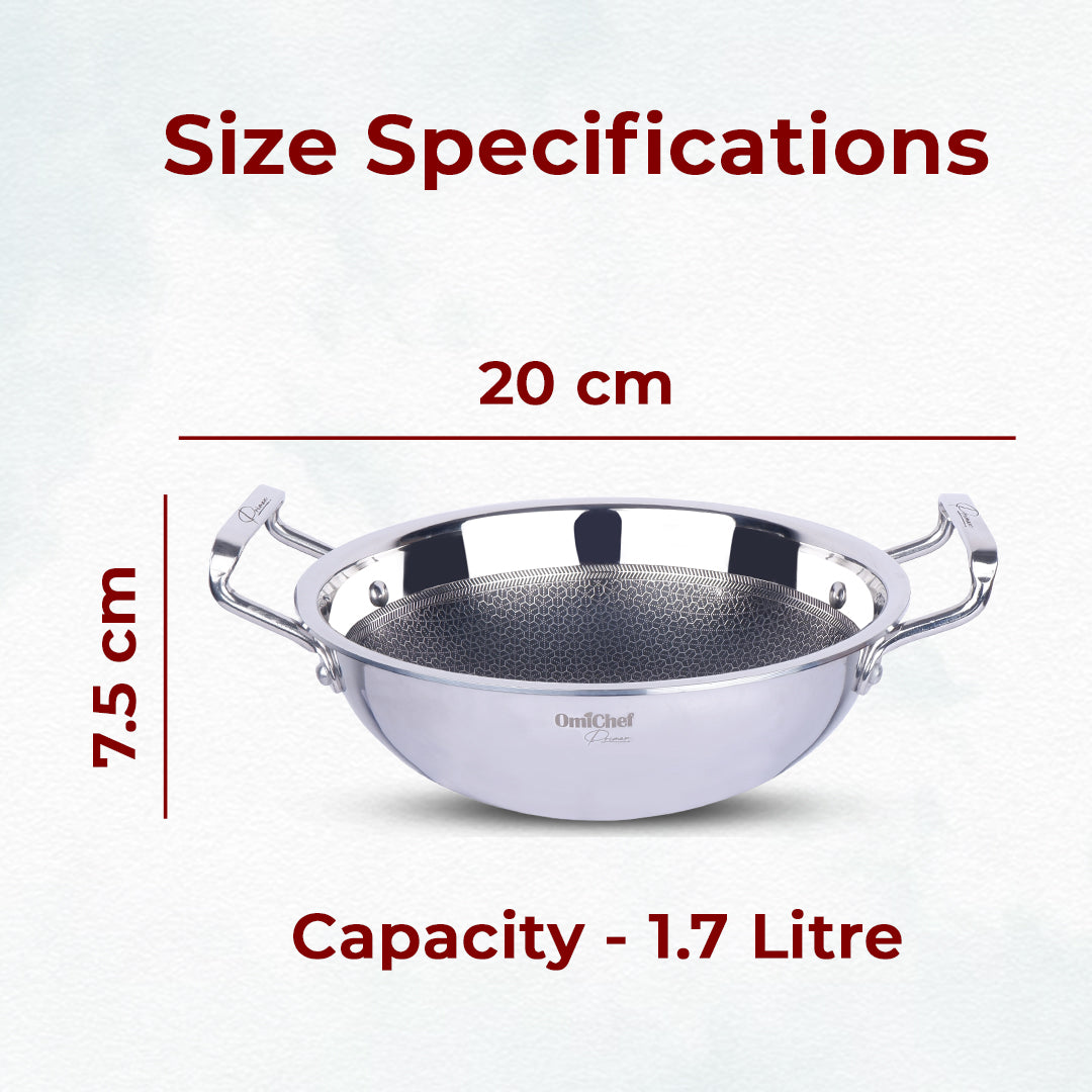 Omichef Triply Honey Comb Kadhai | Superior Heat Retention | Kadhai 20 cm diameter with Lid 1.7 L capacity | Stainless Steel, Induction Bottom