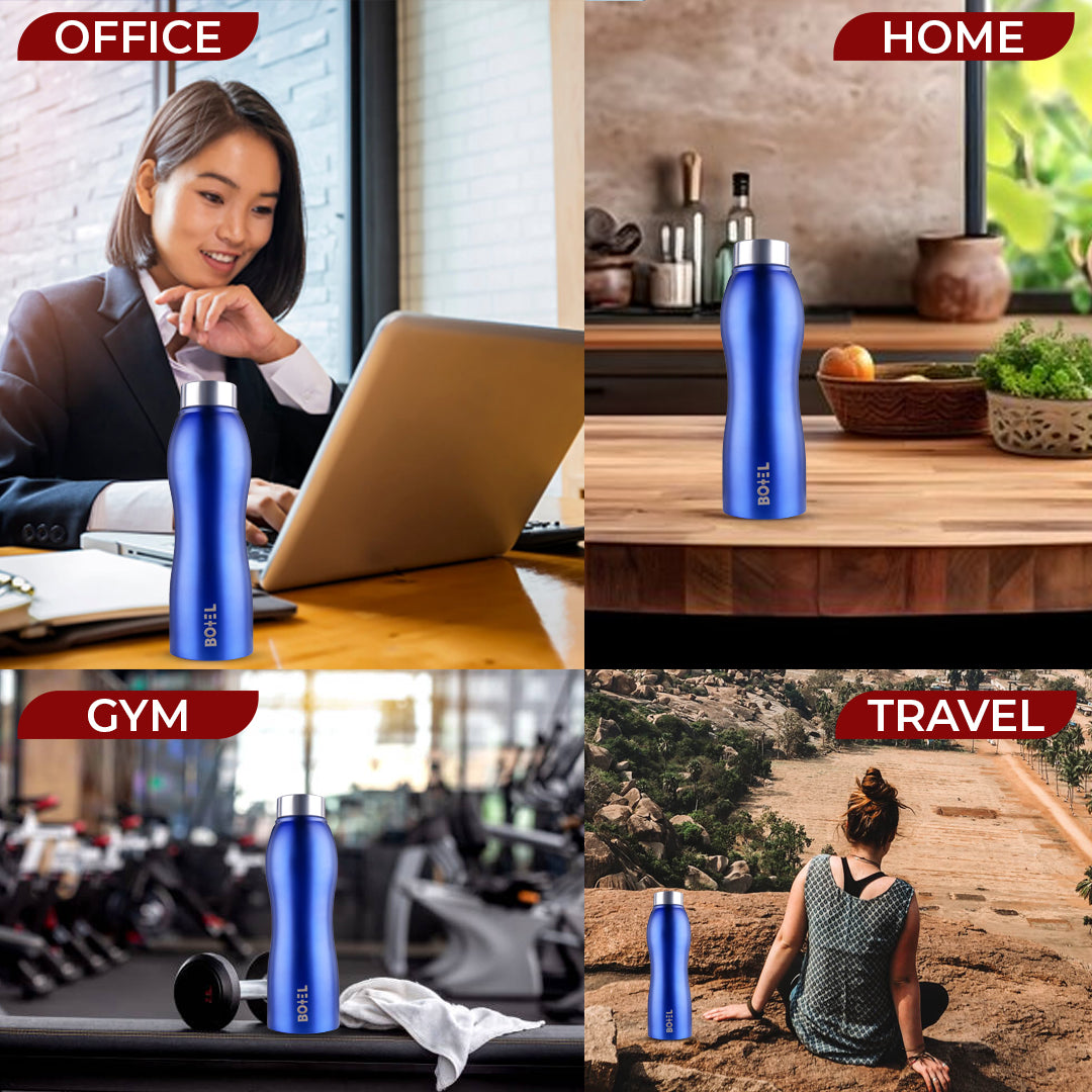 BoTTel Curvy Stainless Steel Water Bottle Single Wall in Blue Colour 1 Litre