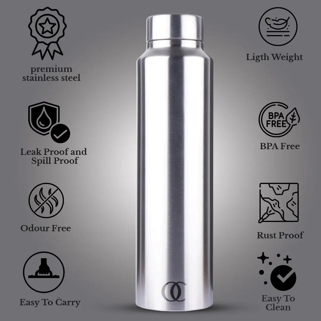 Aquapro Stainless Steel Fridge Water Bottle | Single Wall | Silver | Capacity 1 Litre OmiChef