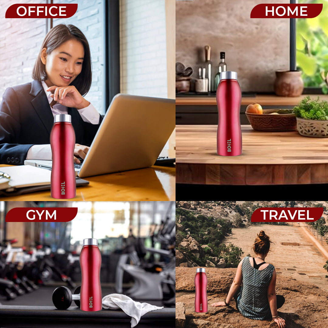 BoTTel Red Curvy Stainless Steel Water Bottle Single Wall 1 Litre