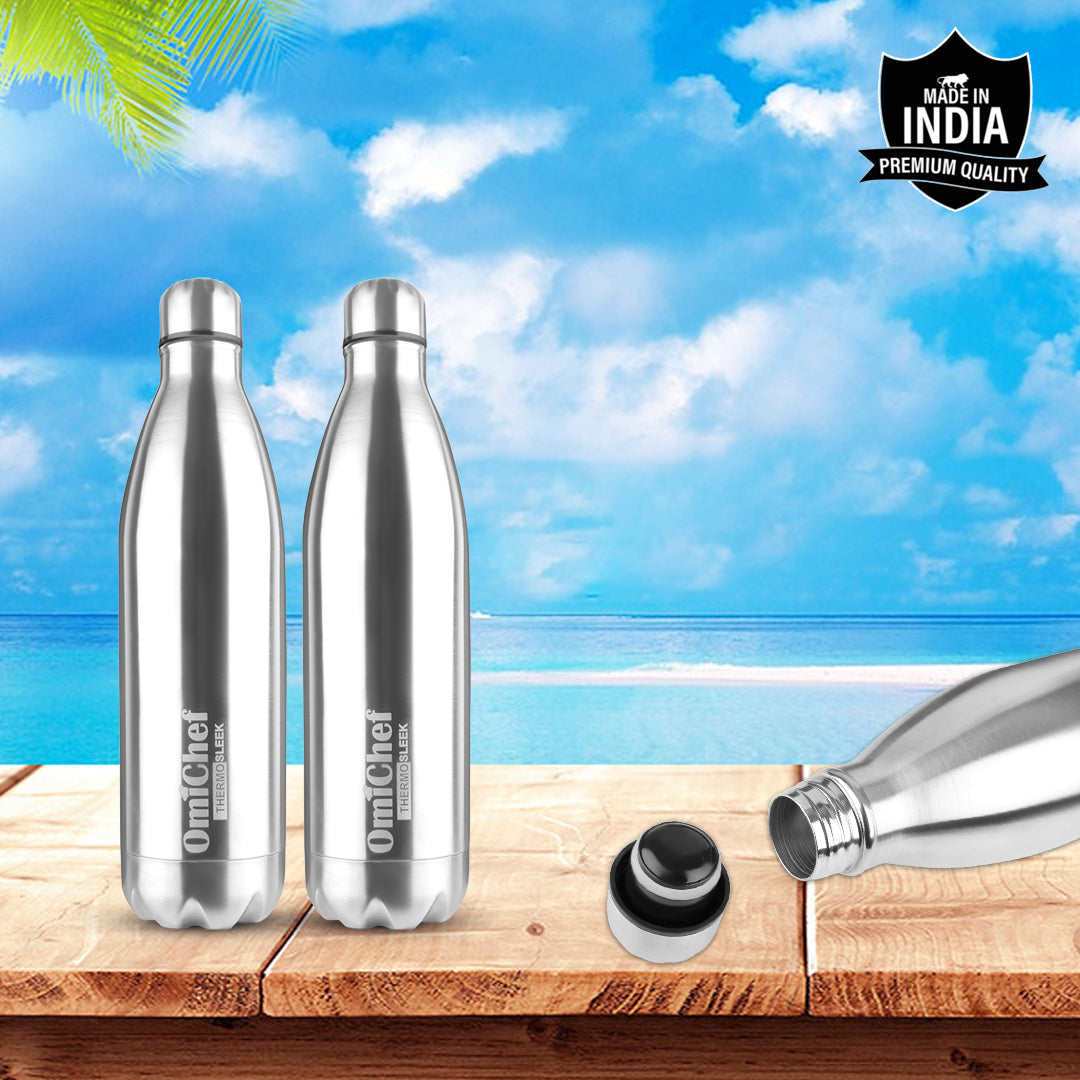 Omichef Silver Thermo Sleek Double wall Steel Water bottle Hot & Cold for 24 hours Flask