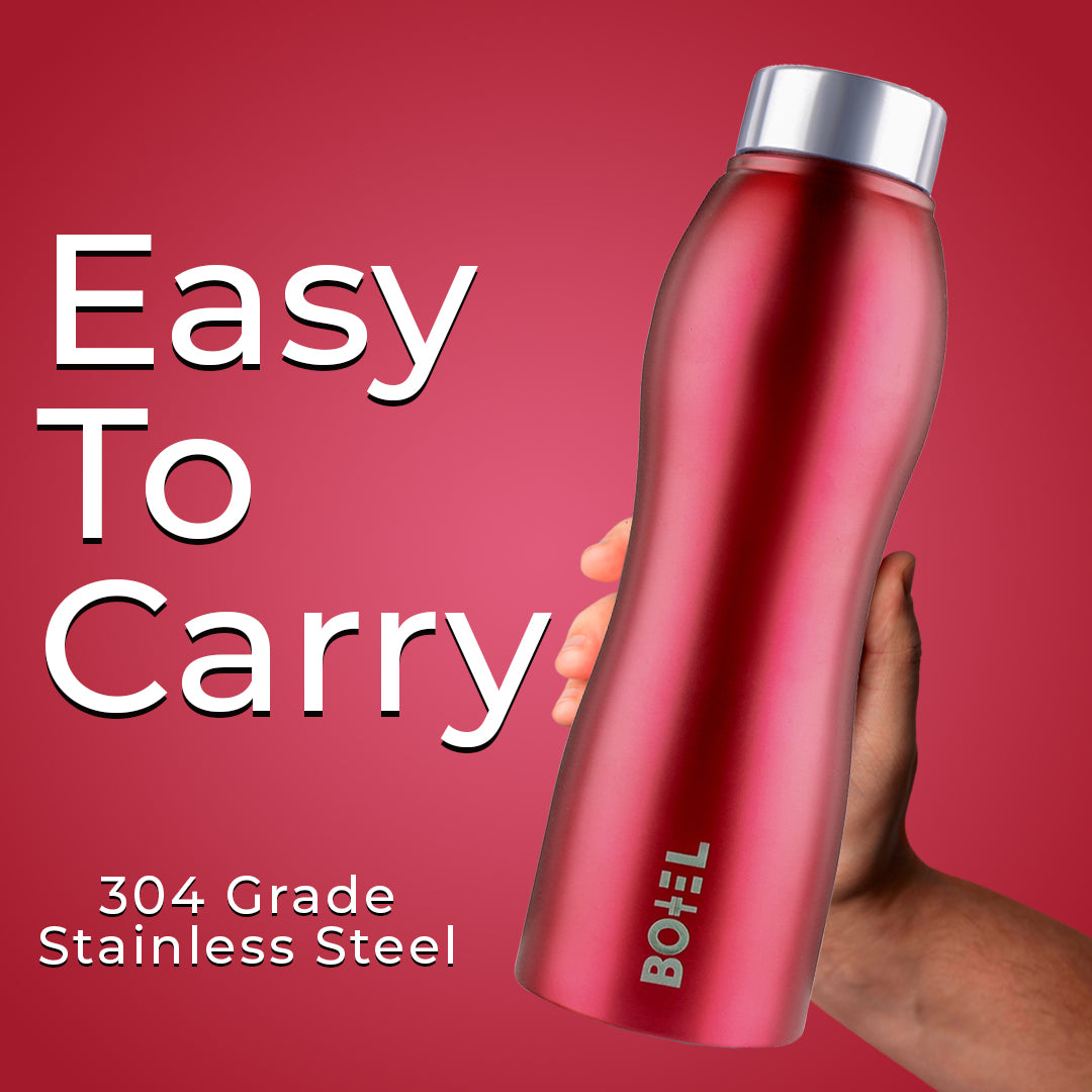 BoTTel Red Curvy Stainless Steel Water Bottle Single Wall 1 Litre