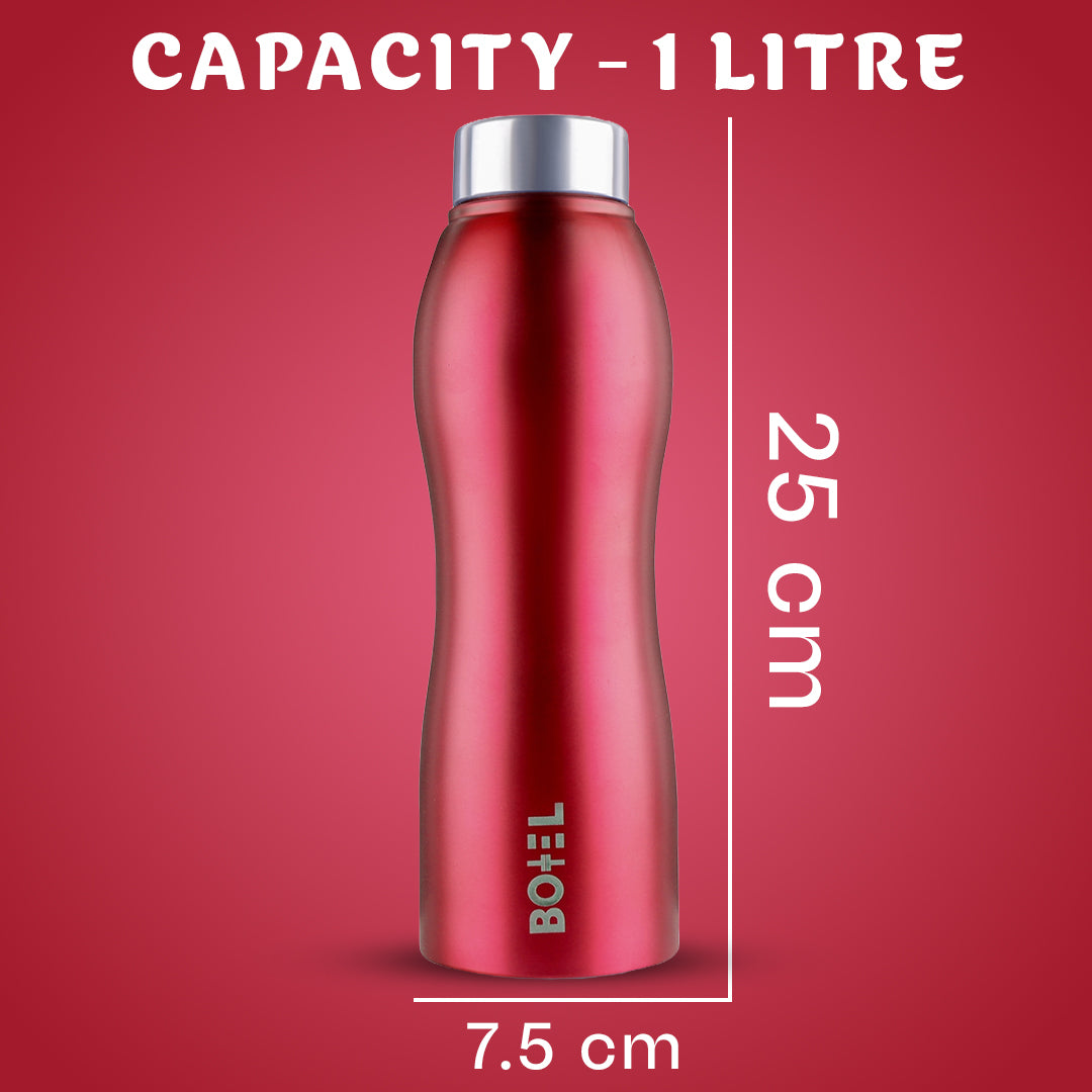 BoTTel Red Curvy Stainless Steel Water Bottle Single Wall 1 Litre