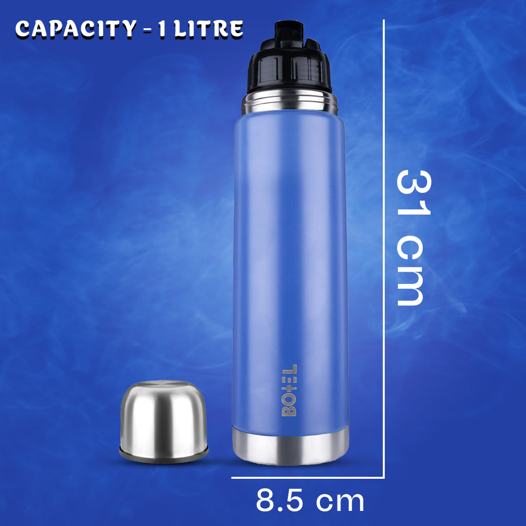 Thermo Tough Double Wall Steel Water Bottle Hot or Cold for 24 Hours Flask Royal Blue 1000 ML