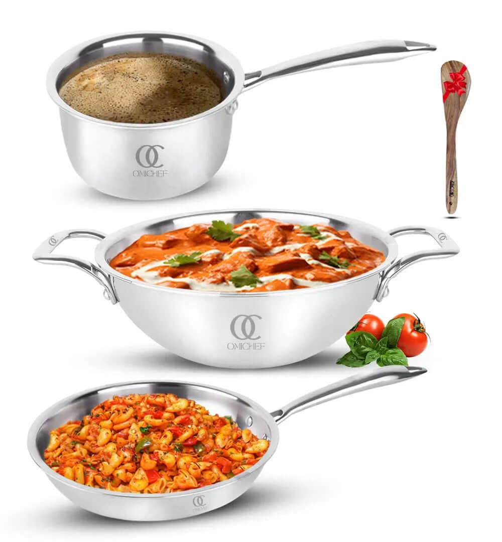 TRIMAX Triply Cookware Kadhai- Frypan - Saucepan Combo Premium Quality OmiChef