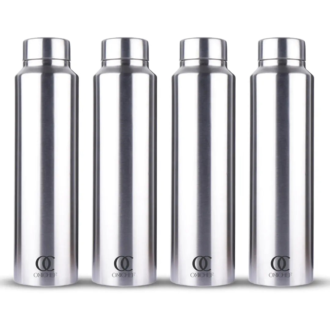 Aqua Water Bottle | Stainless Steel Fridge Bottle | Single Wall | Silver | Capacity 1 Litre OmiChef