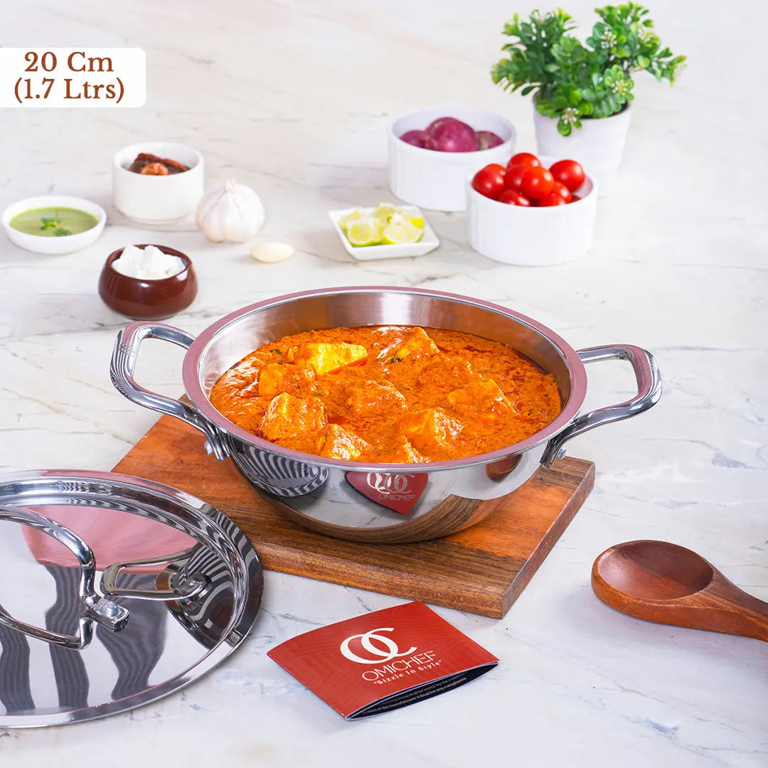 20 CM Kadai with Lid Triply Stainless Steel (1.7 Ltr) - Premium Quality OmiChef