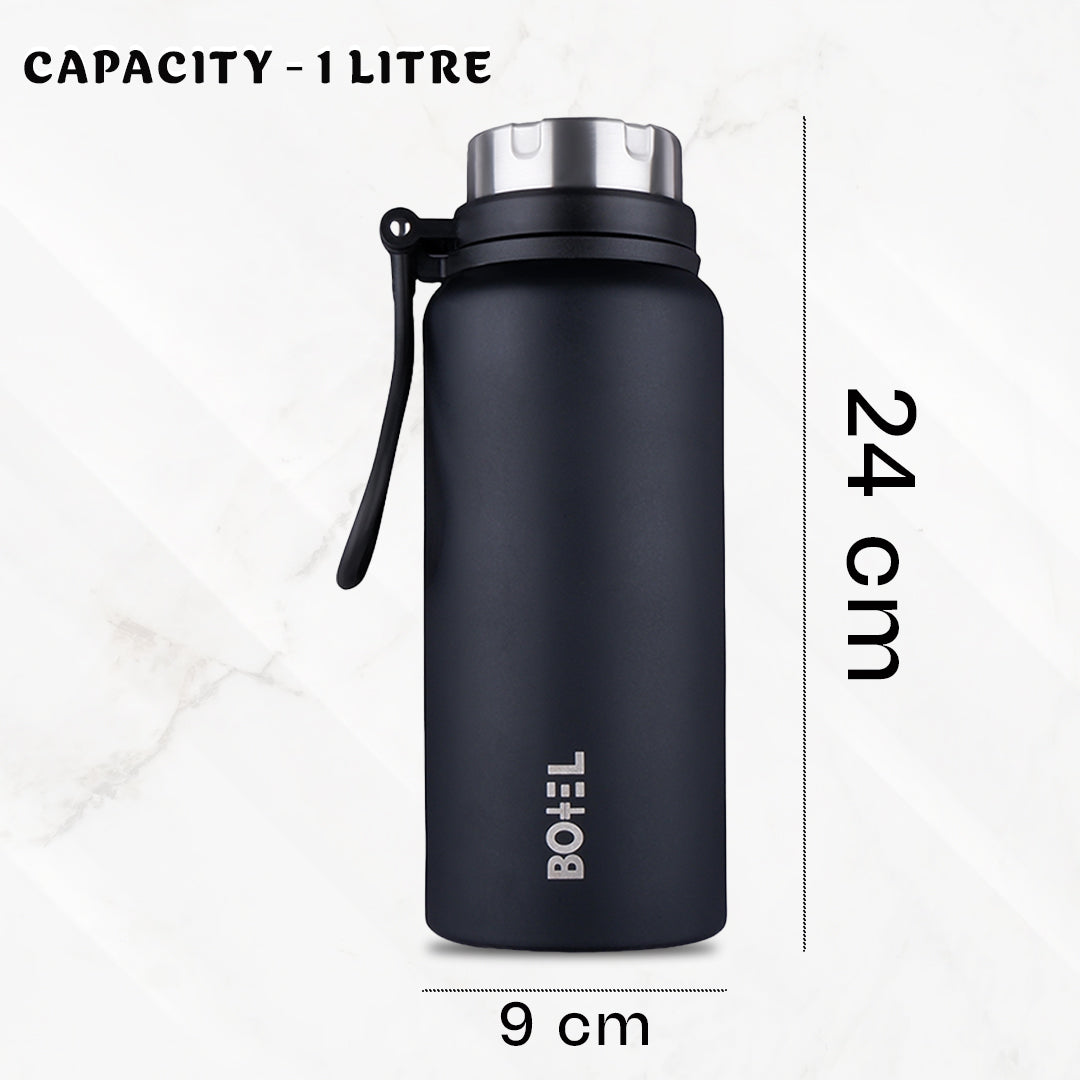 Black Marshal Double Wall Steel Water Bottle | Hot or Cold for 24 Hours Flask 1000 ML