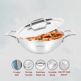 Omichef Triply Stainless Steel Kadhai With Lid 20 cm Capacity 1.7 Litre